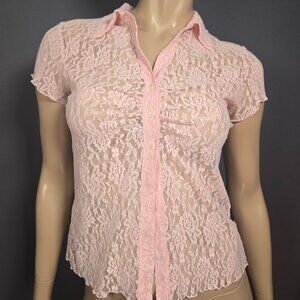 Vintage Sheer Pink Lace Babydoll Top Blouse Size S Coquette Dainty Fairy 90s Y2K